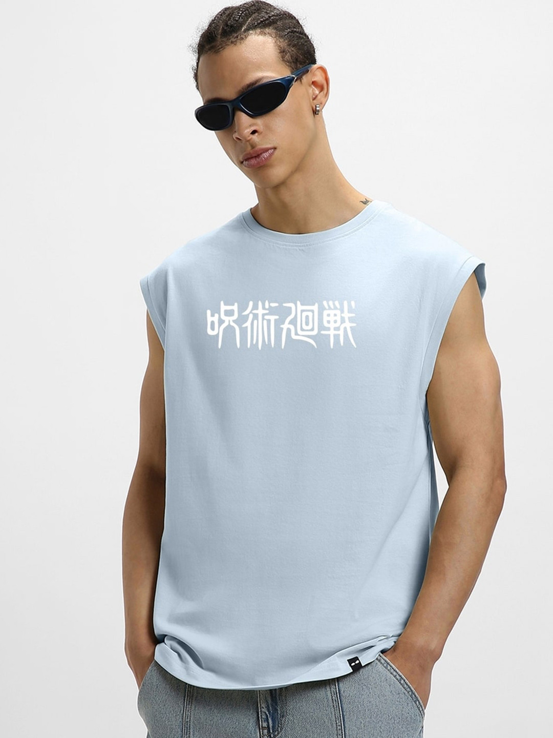 

Bewakoof Gojo Domain Graphic Printed Pure Cotton Boxy Fit Vests, Blue