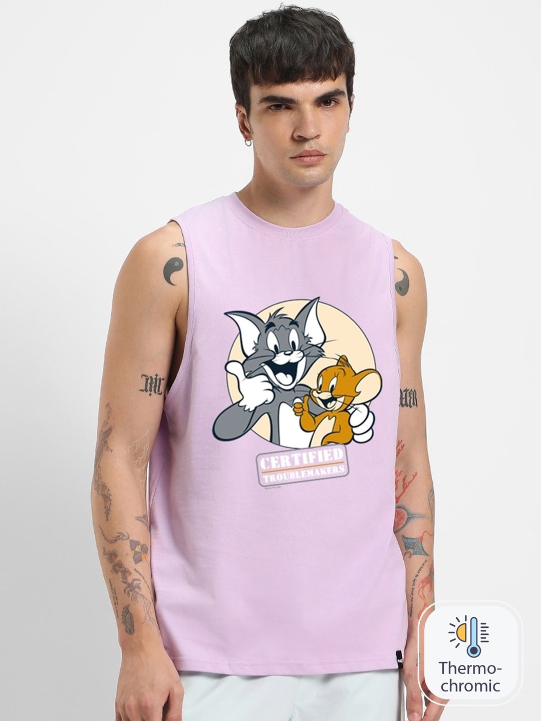 

Bewakoof Tom & Jerry Graphic Printed Pure Cotton Oversized Gym Vest 605700, Purple