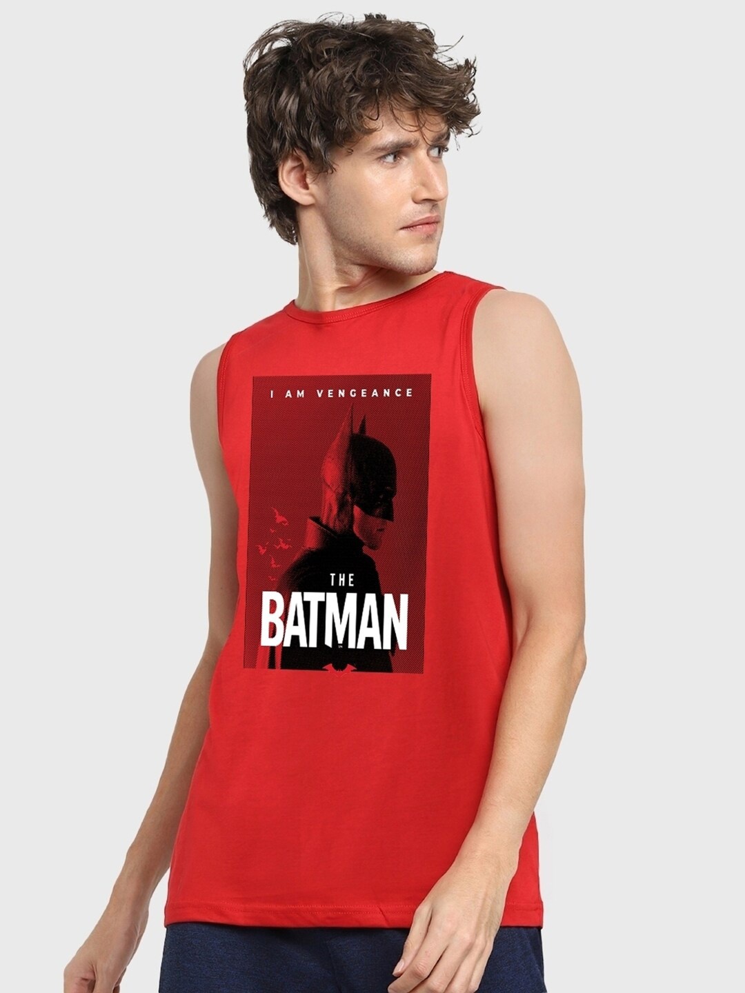 

Bewakoof Dc Comics Batman Poster Graphic Printed Pure Cotton Gym Vest 519714, Red