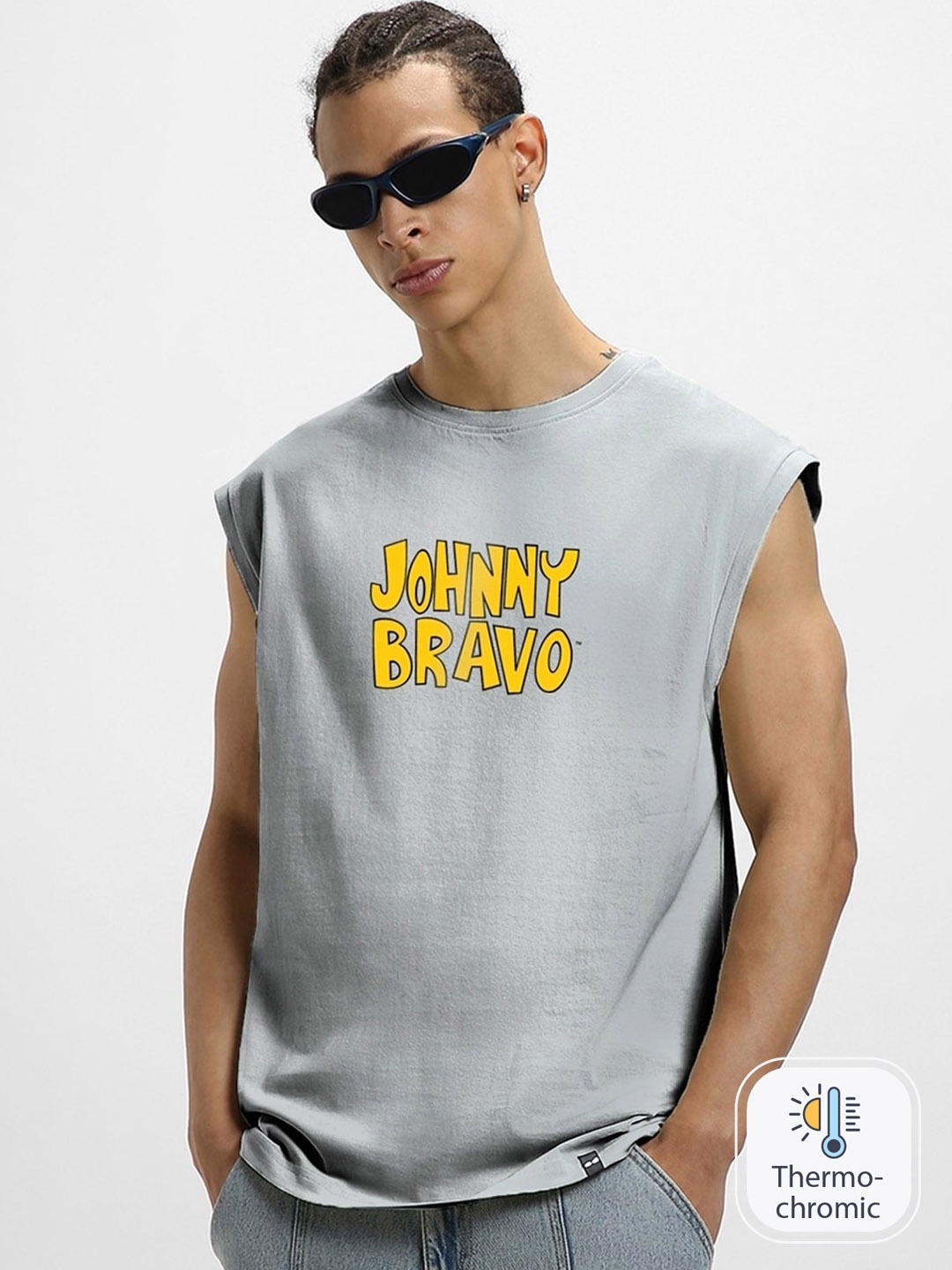 

Bewakoof Johnny Bravo Graphic Printed Boxy Fit Pure Cotton Gym Vest 605674, Grey