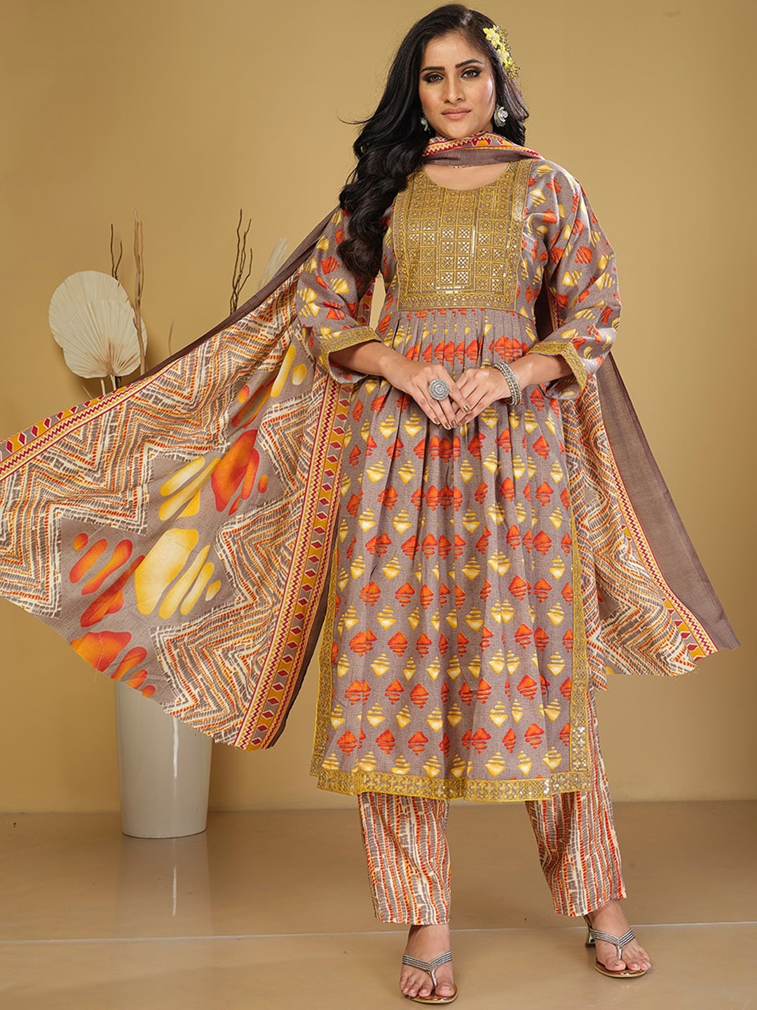 

KALINI Ethnic Motifs Printed Sequinned Kurta with Trousers & With Dupatta, Grey