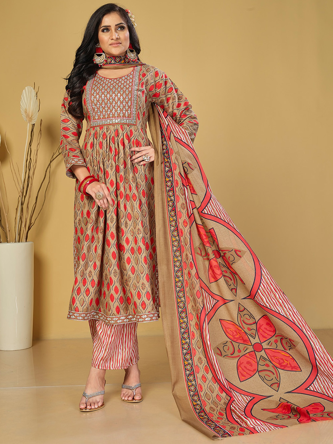 

KALINI Floral Printed High Slit Thread Work Kurta with Patiala & With Dupatta, Brown