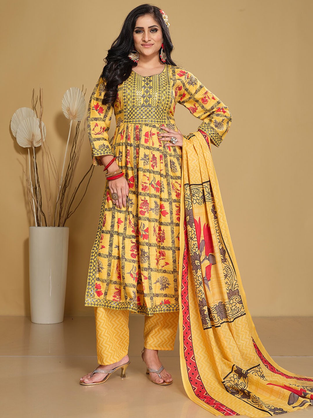 

KALINI Floral Printed Pleated Sequinned Kurta with Trousers & With Dupatta, Yellow