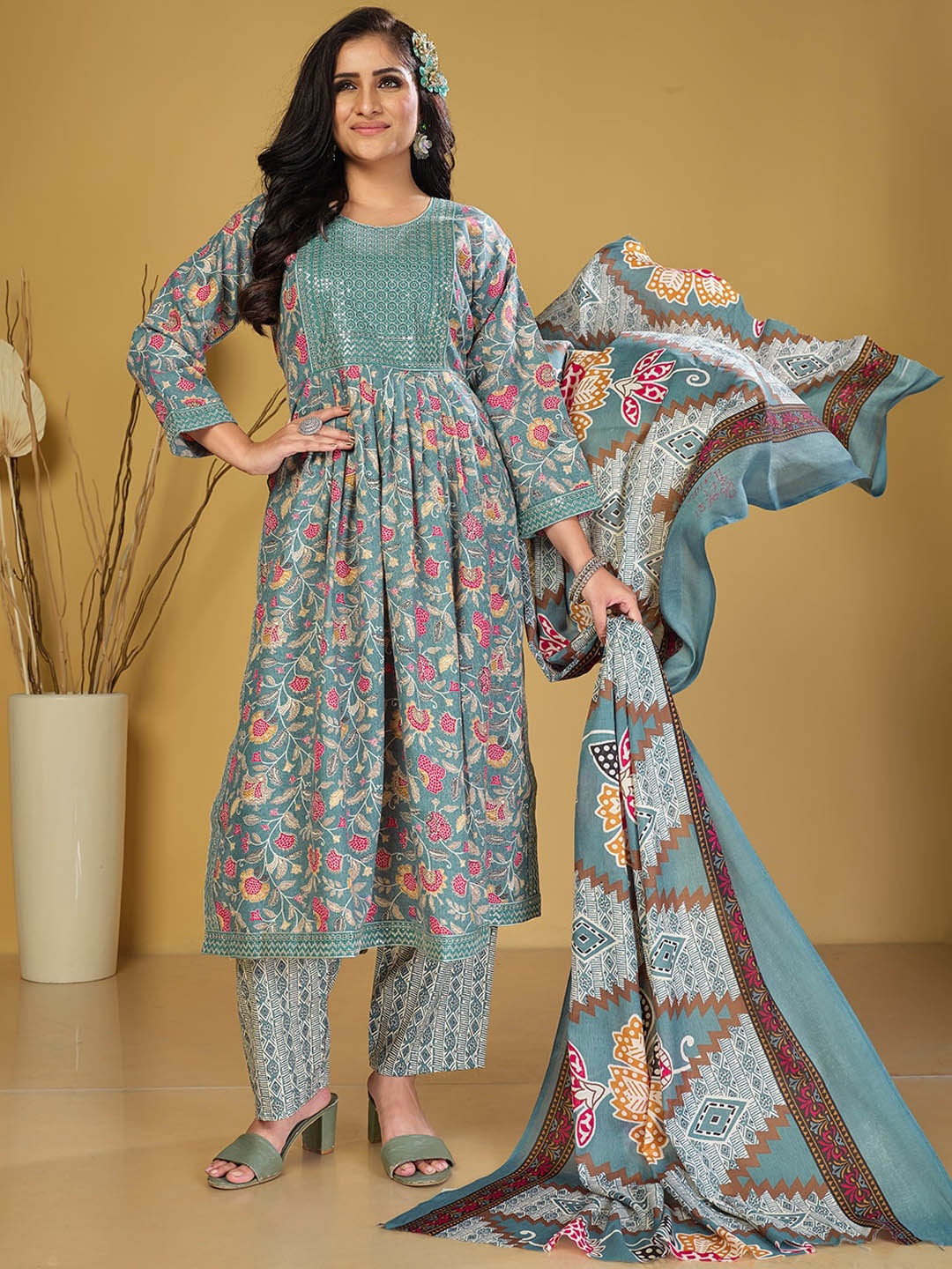 

KALINI Floral Printed Thread Work Kurta with Trousers & With Dupatta, Green