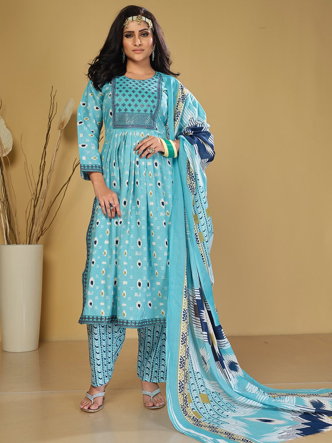 

KALINI Ethnic Motifs Printed Empire Sequinned Kurta With Trousers & Dupatta, Blue