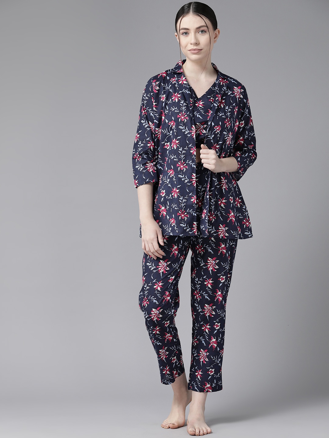 

Prakrti Women Floral Printed Cotton Night suit, Navy blue