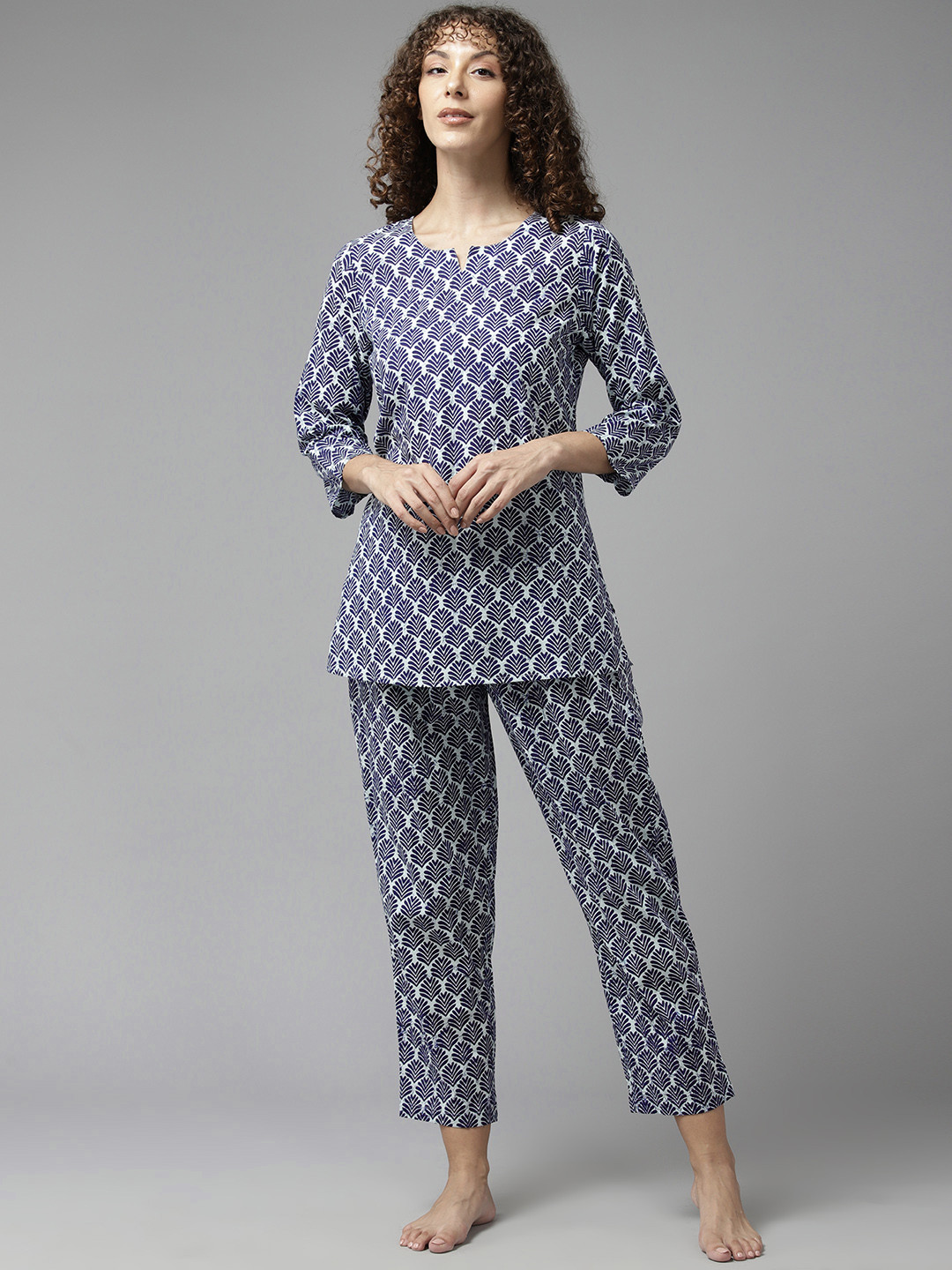 

Prakrti Floral Printed Pure Cotton Night Suit, Navy blue