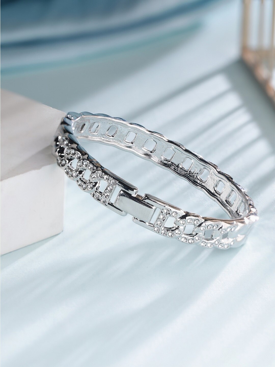 

Rubans Voguish Women Rhodium-Plated Stone Studded Link Bracelet, Silver