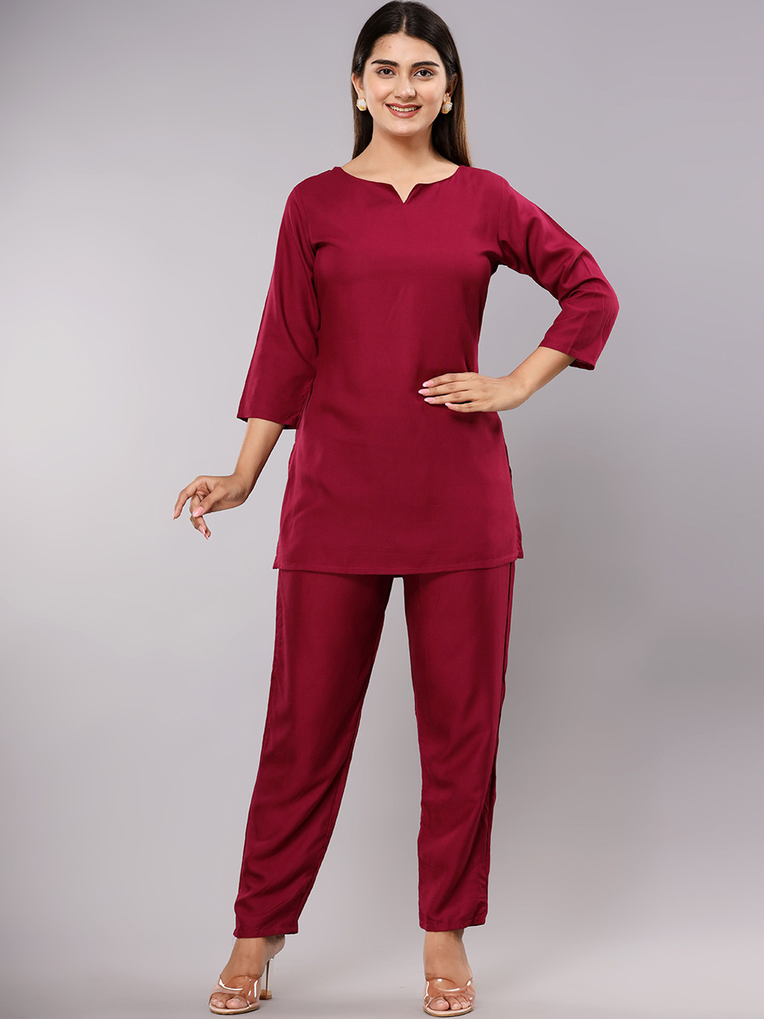 

Shedika Round Neck Three-Quarter Sleeve Night Suit, Maroon