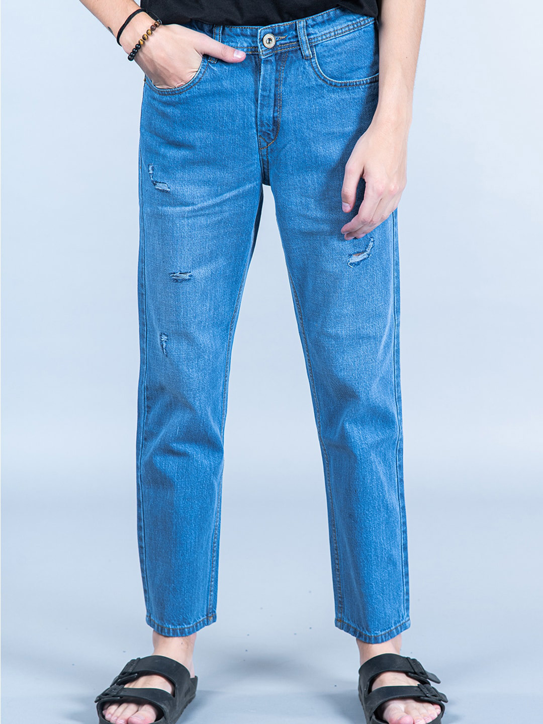 

Tistabene Men Comfort Slim Fit Mildly Distressed Light Fade Cotton Jeans, Blue