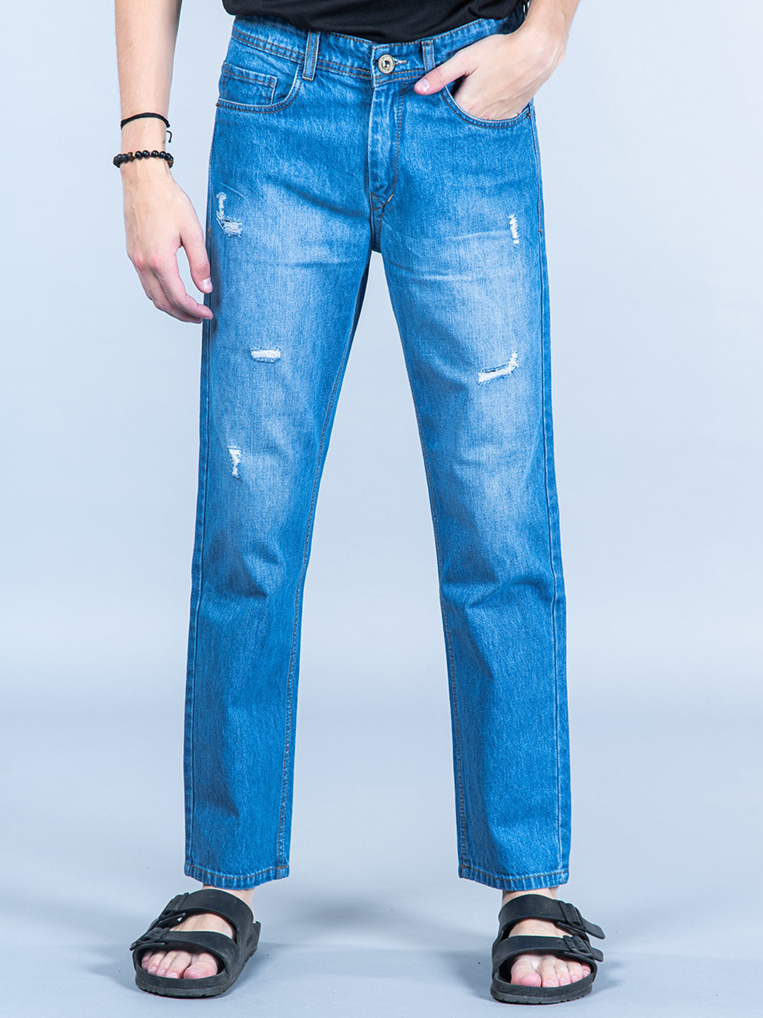 

Tistabene Men Comfort Slim Fit Mildly Distressed Light Fade Stretchable Cotton Jeans, Blue