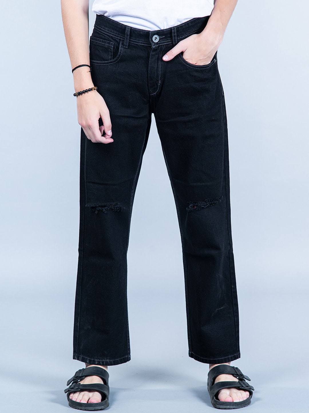 

Tistabene Men Comfort Slash Knee Stretchable Cotton Cropped Jeans, Black