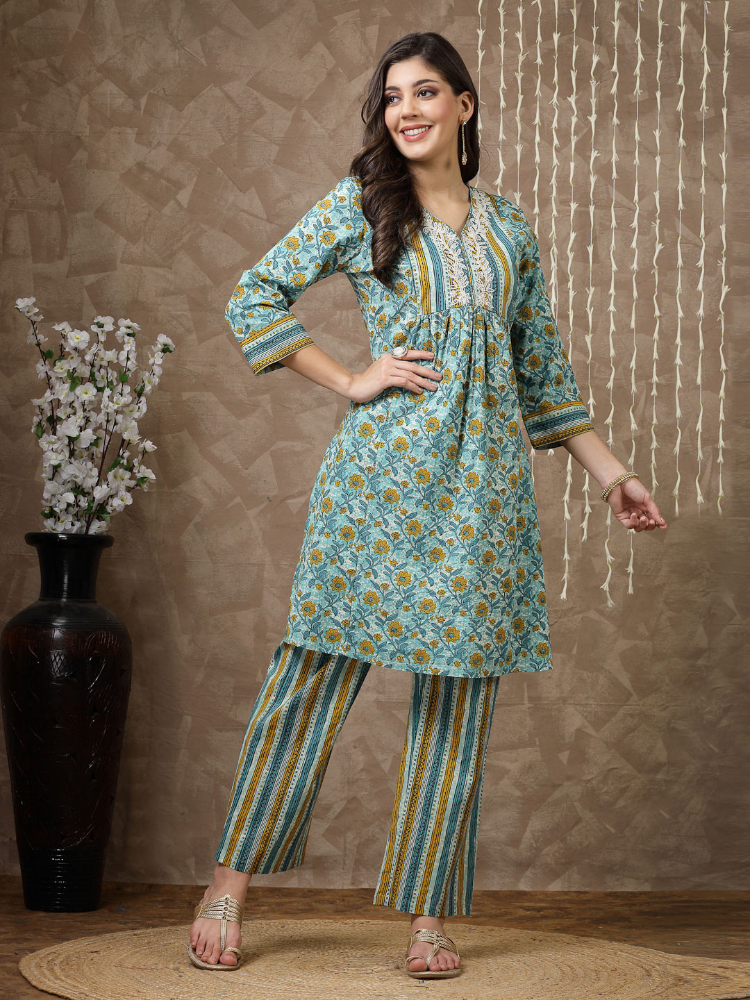

Nayam By Lakshita Women Floral Printed Regular Pure Cotton Kurta with Palazzos, Turquoise blue