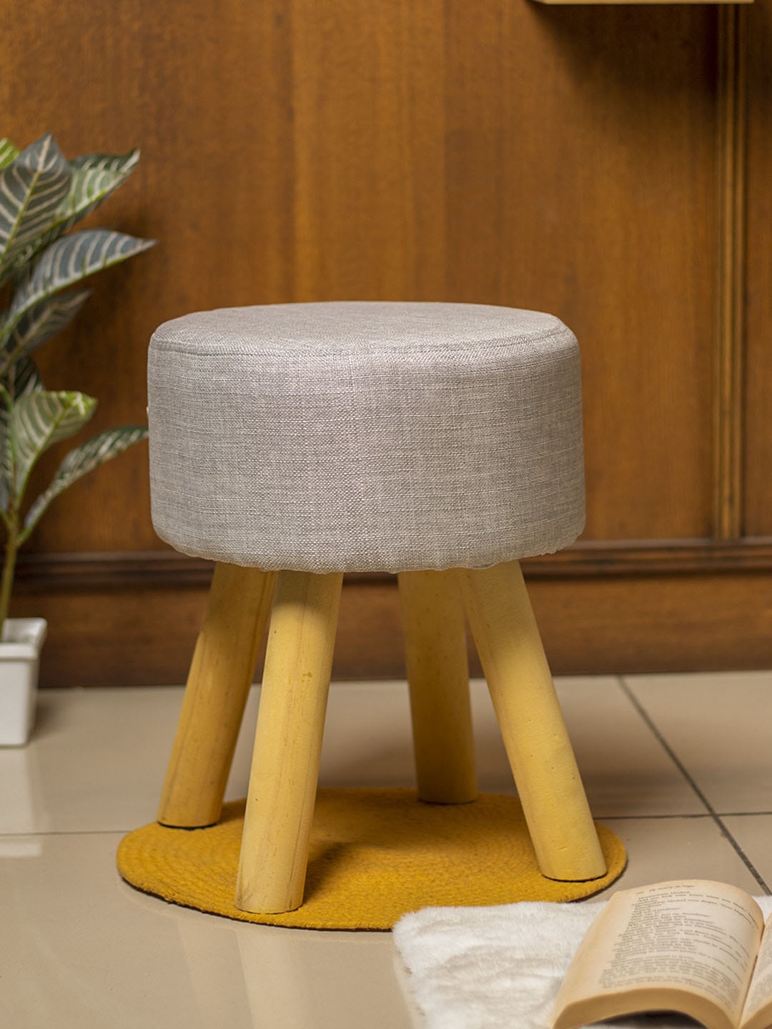 

MARKET99 Grey Round Mini Wooden Stool for Ottoman Pouffes