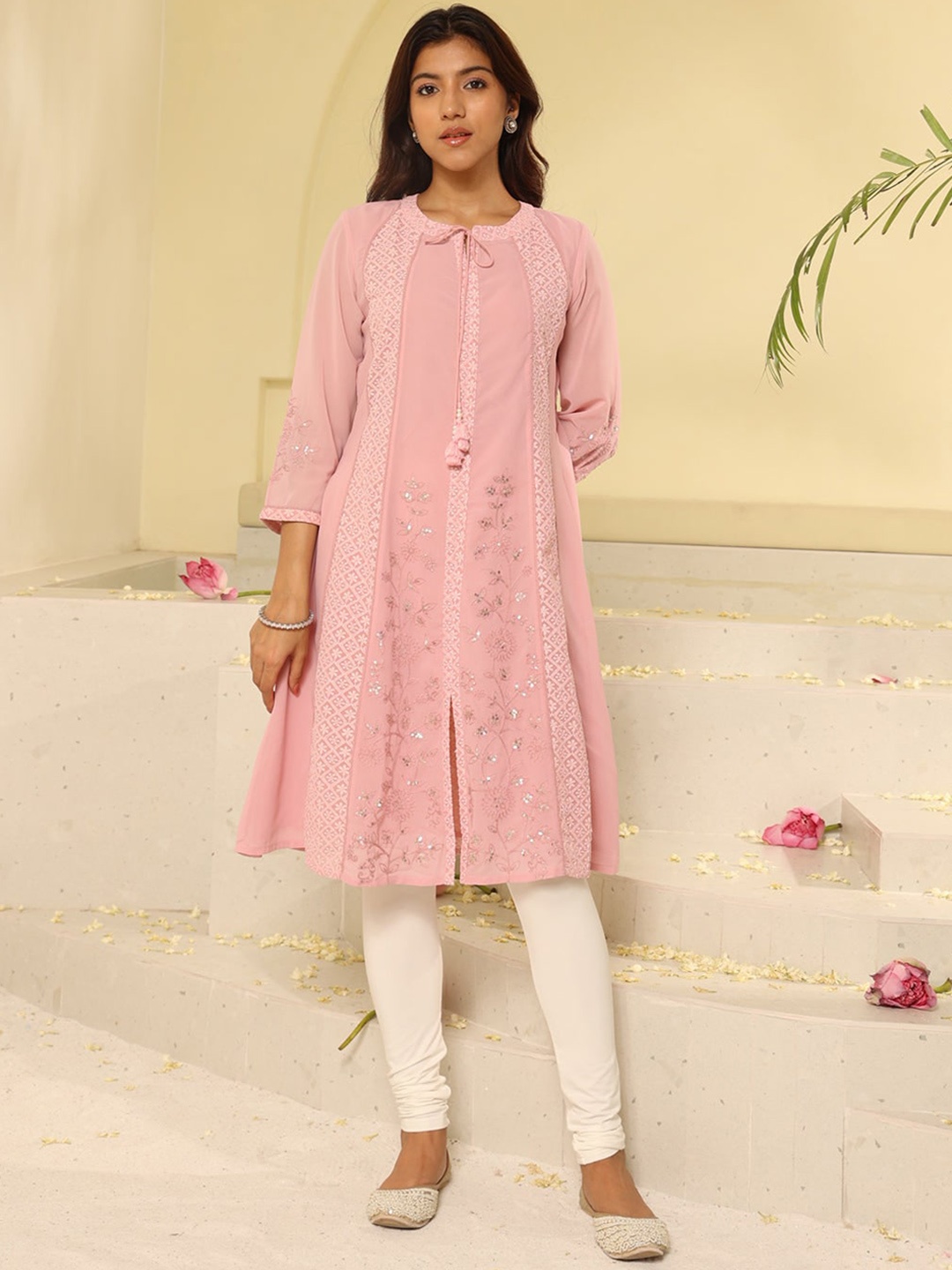 

Lakshita Floral Chikankari Embroidered Tie Up Neck A-Line Georgette Kurta, Pink
