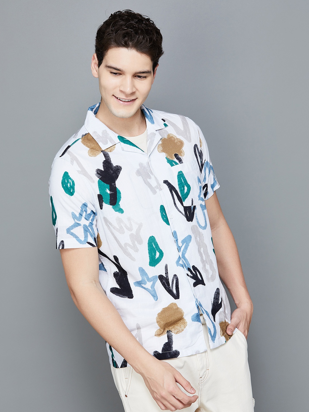 

Fame Forever by Lifestyle Cuban Collar Abstract Printed Casual Shirt, White