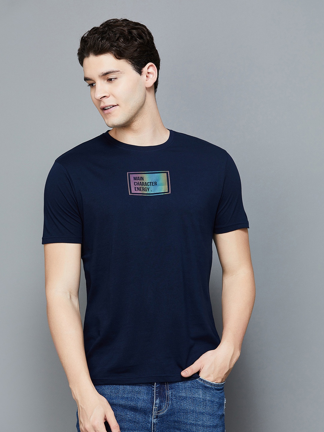 

Fame Forever by Lifestyle Typography Printed Cotton T-shirt, Navy blue