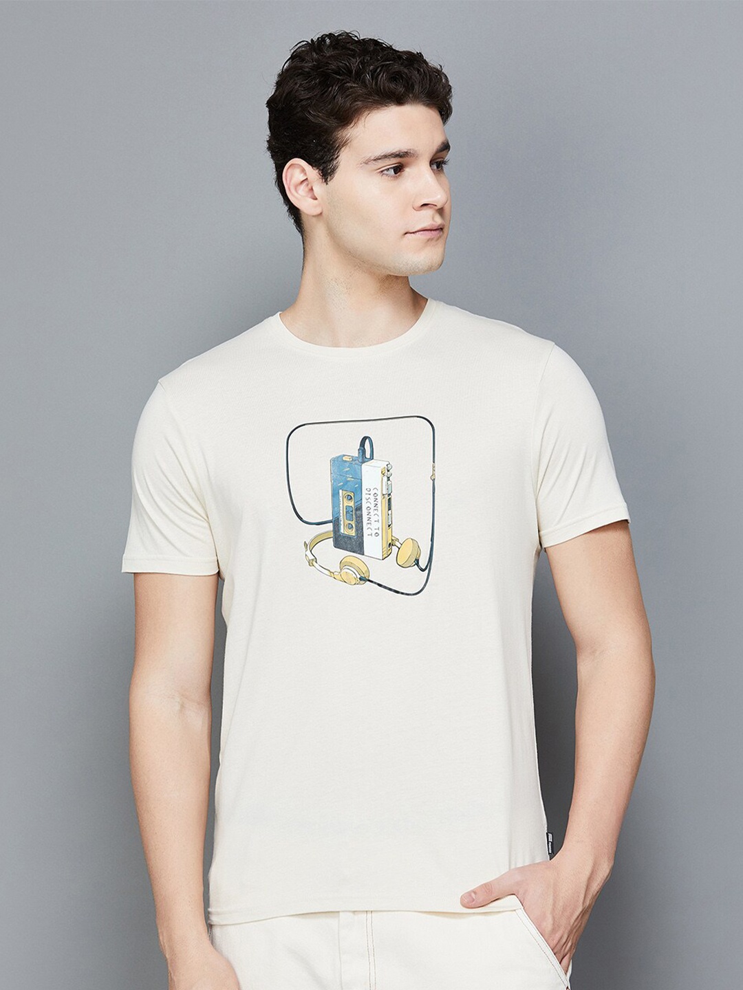 

Fame Forever by Lifestyle Printed Round Neck Cotton T-shirt, Beige