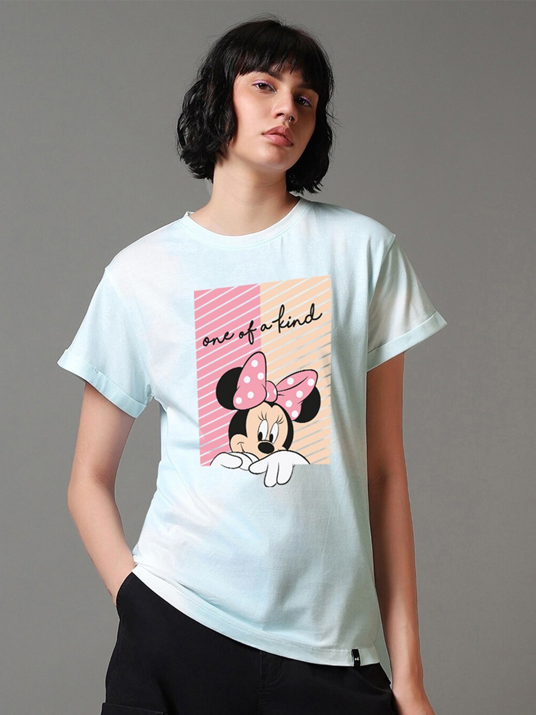 

Bewakoof White Minnie Mouse Printed Short Sleeves Pure Cotton Relaxed Fit T-shirt