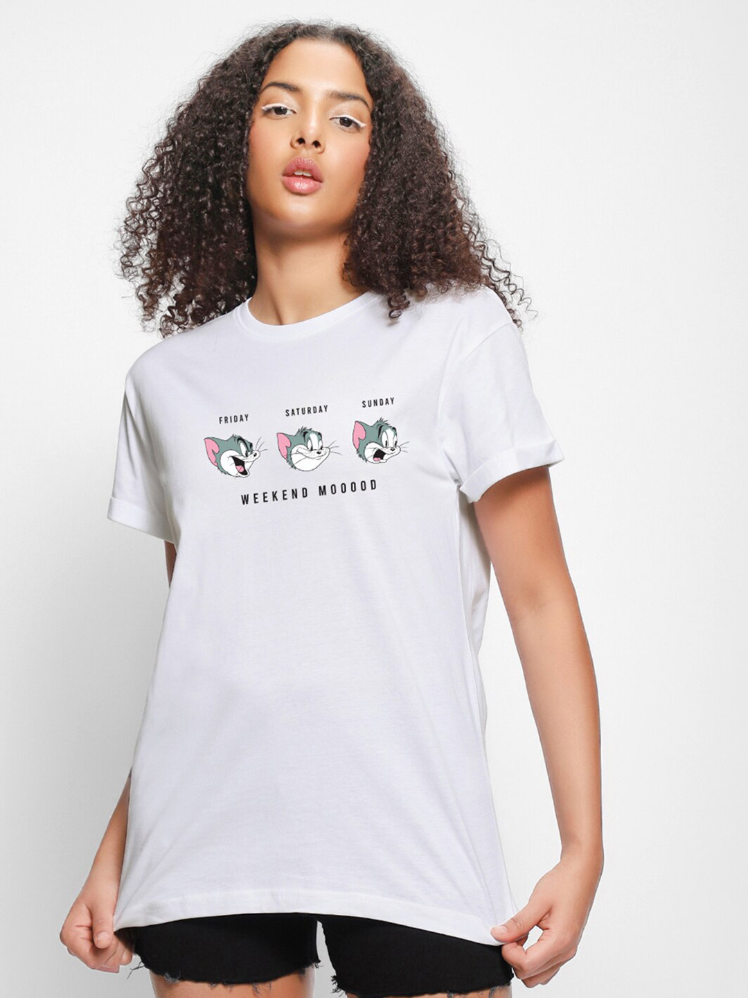 

Bewakoof White Tom Printed Round Neck Short Sleeves Pure Cotton Relaxed Fit T-shirt