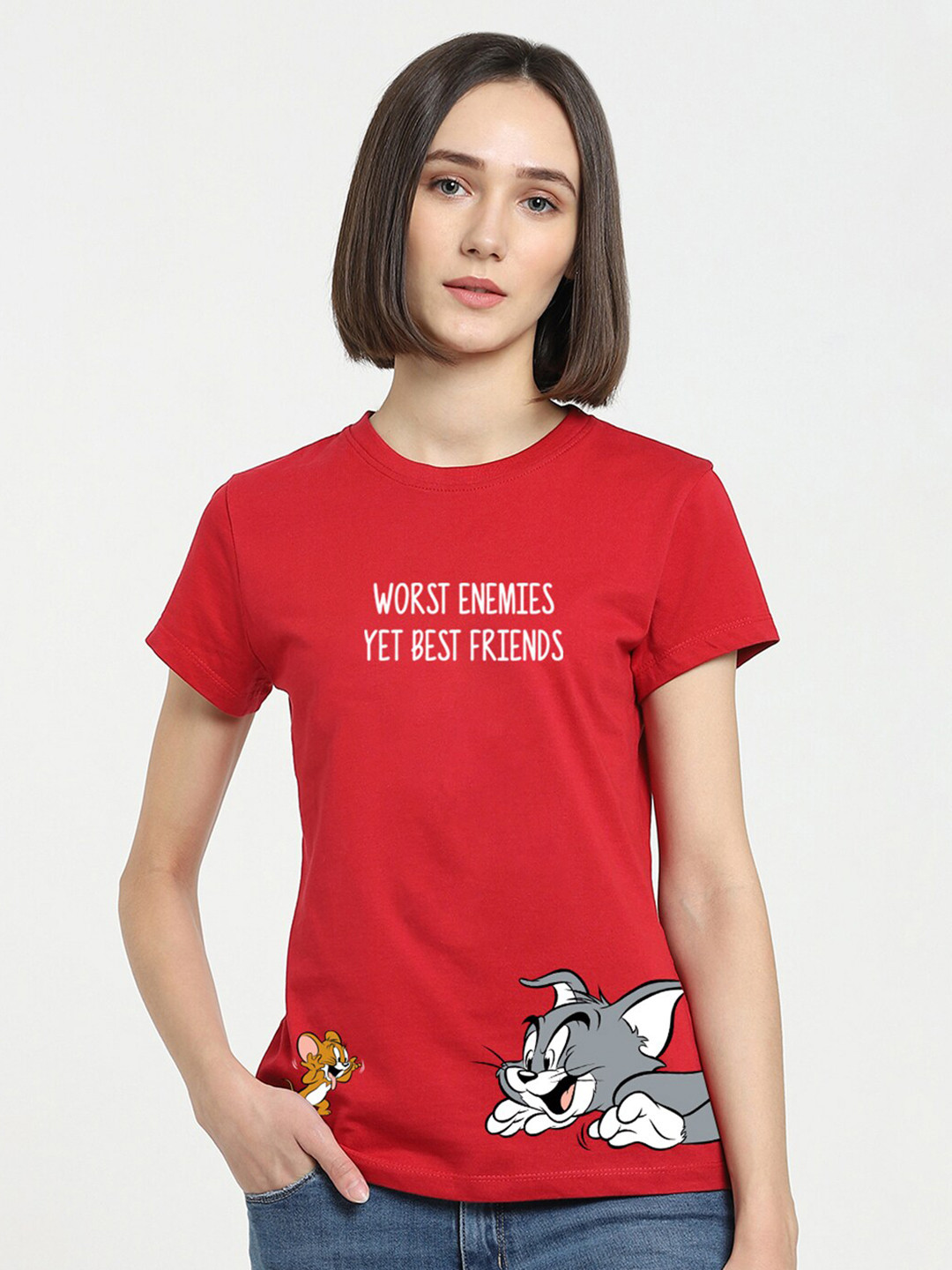 

Bewakoof Red Tom & Jerry Printed Round Neck Short Sleeves Pure Cotton T-shirt