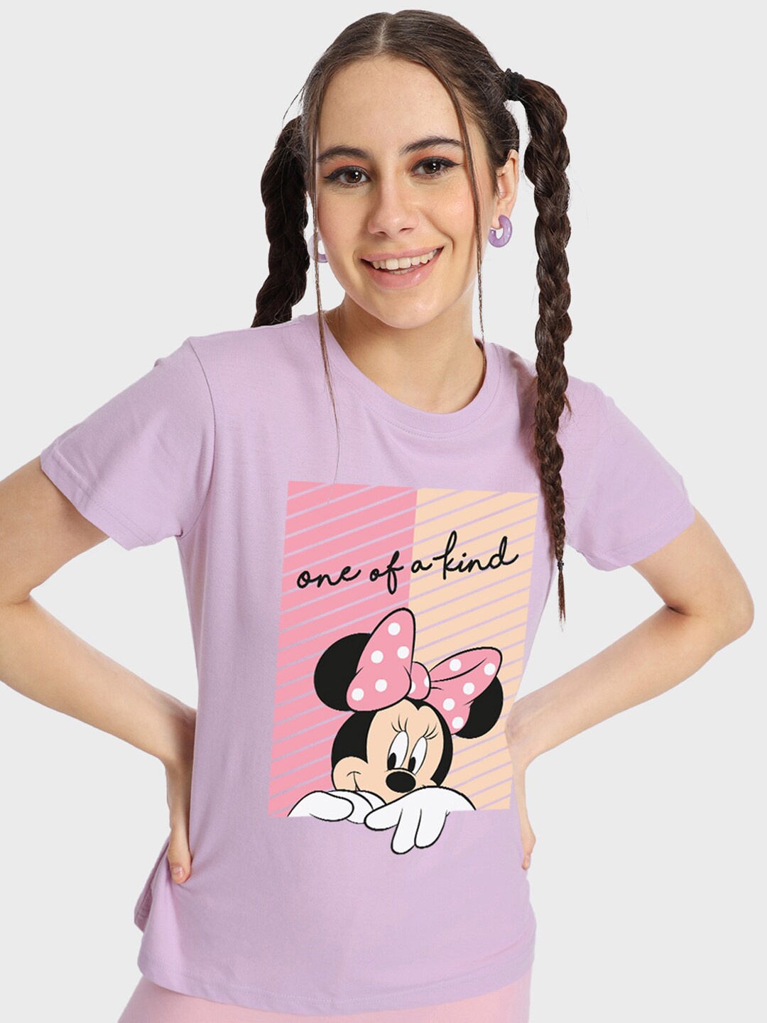 

Bewakoof Women Purple Minnie Mouse Printed Round Neck Short Sleeves Pure Cotton T-shirt