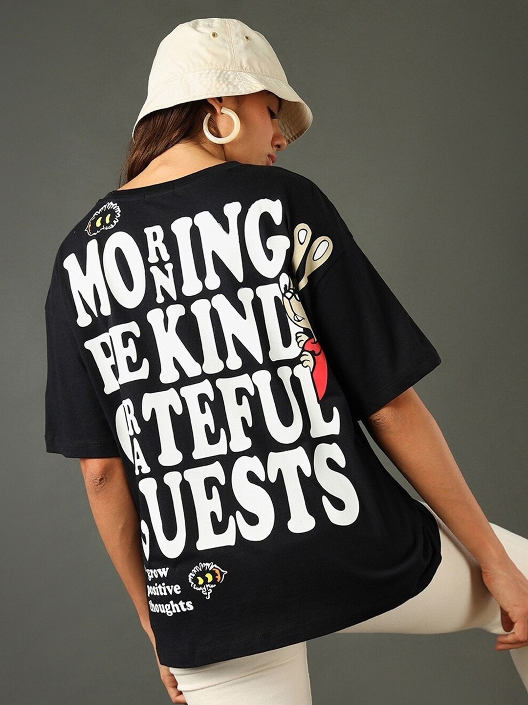 Bewakoof Black Typography Printed Round Short Sleeves Pure Cotton Oversized T-shirt
