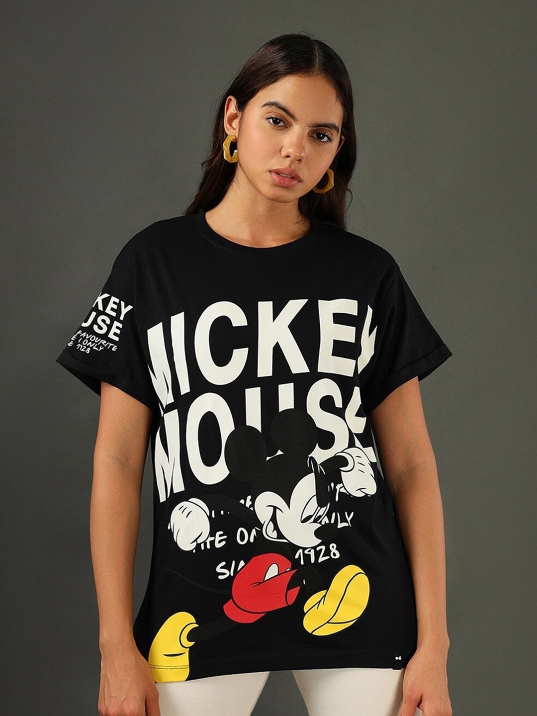 

Bewakoof Mickey Mouse Printed Relaxed Fit Pure Cotton T-shirt, Black
