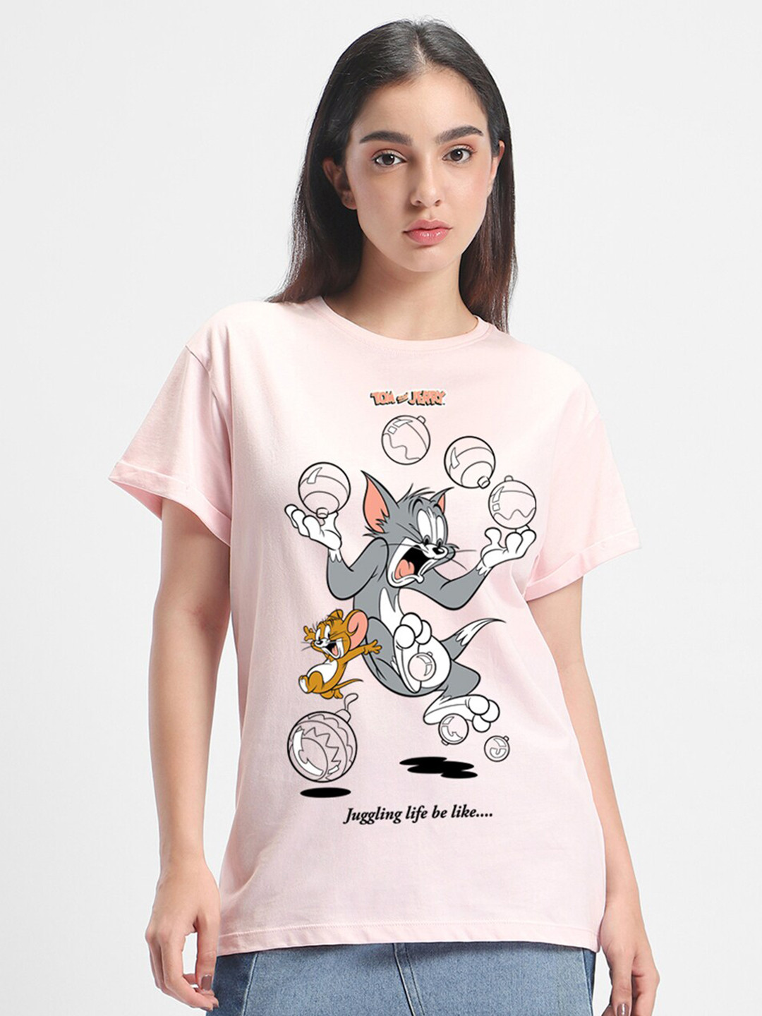 

Bewakoof Tom & Jerry Printed Relaxed Fit Pure Cotton T-shirt, Pink