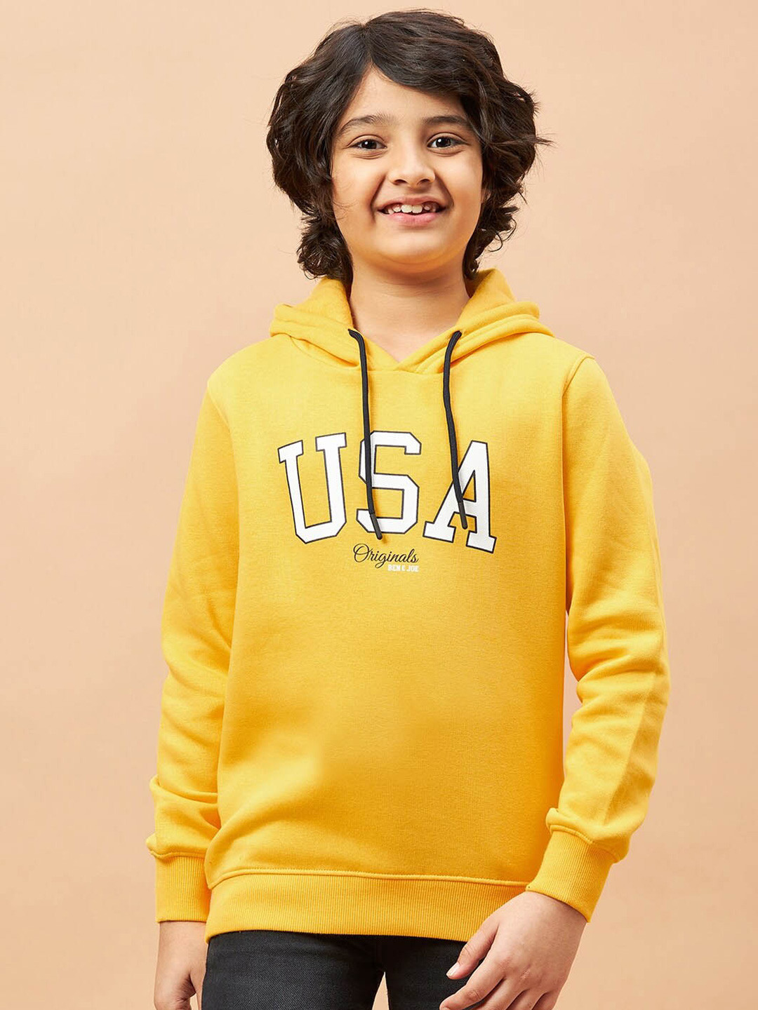 

Ben & Joe Boys Typography Printed Hooded Fleece Pullover, Yellow