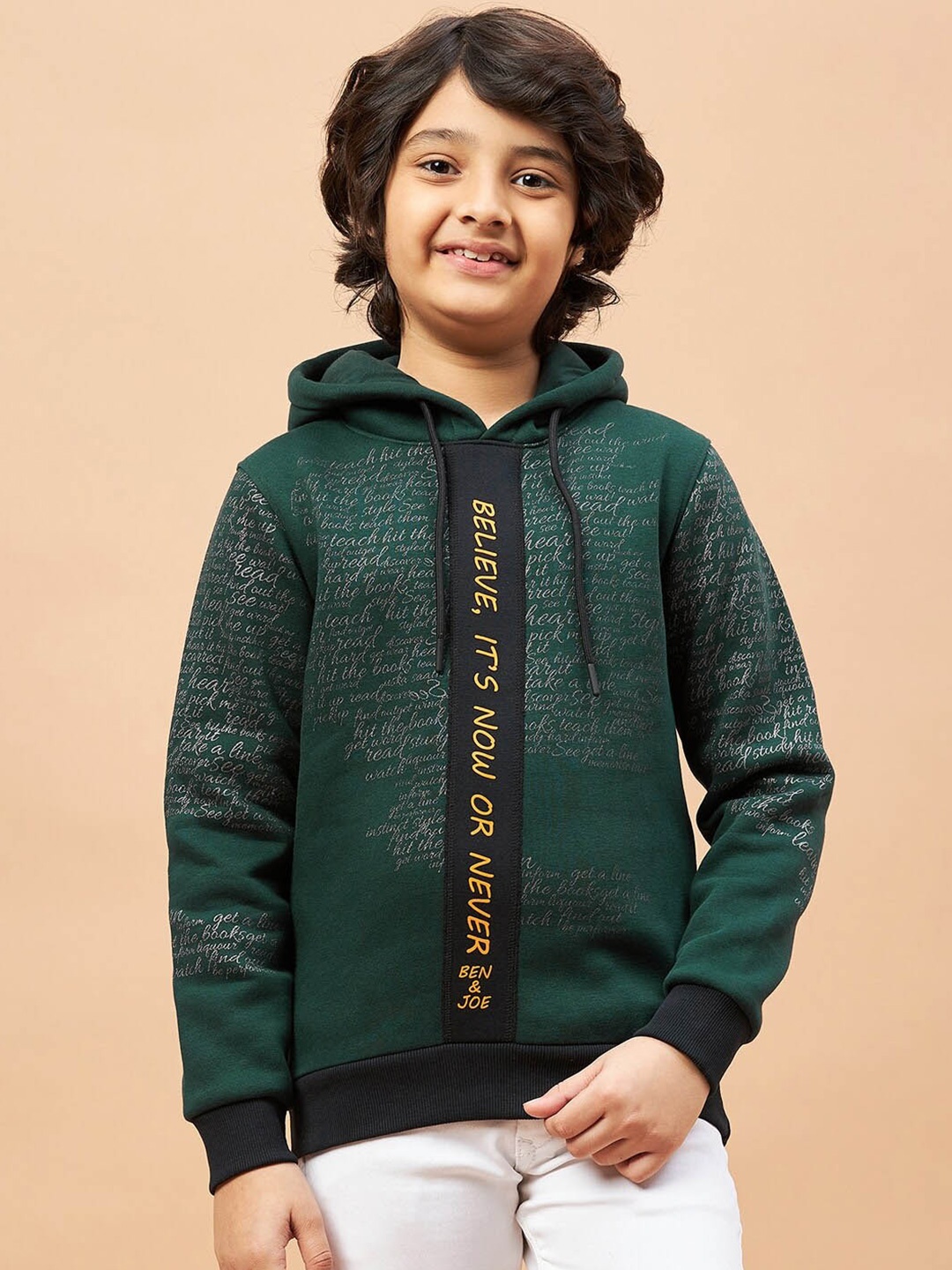 

Ben & Joe Boys Typography Printed Hooded Fleece Pullover, Green