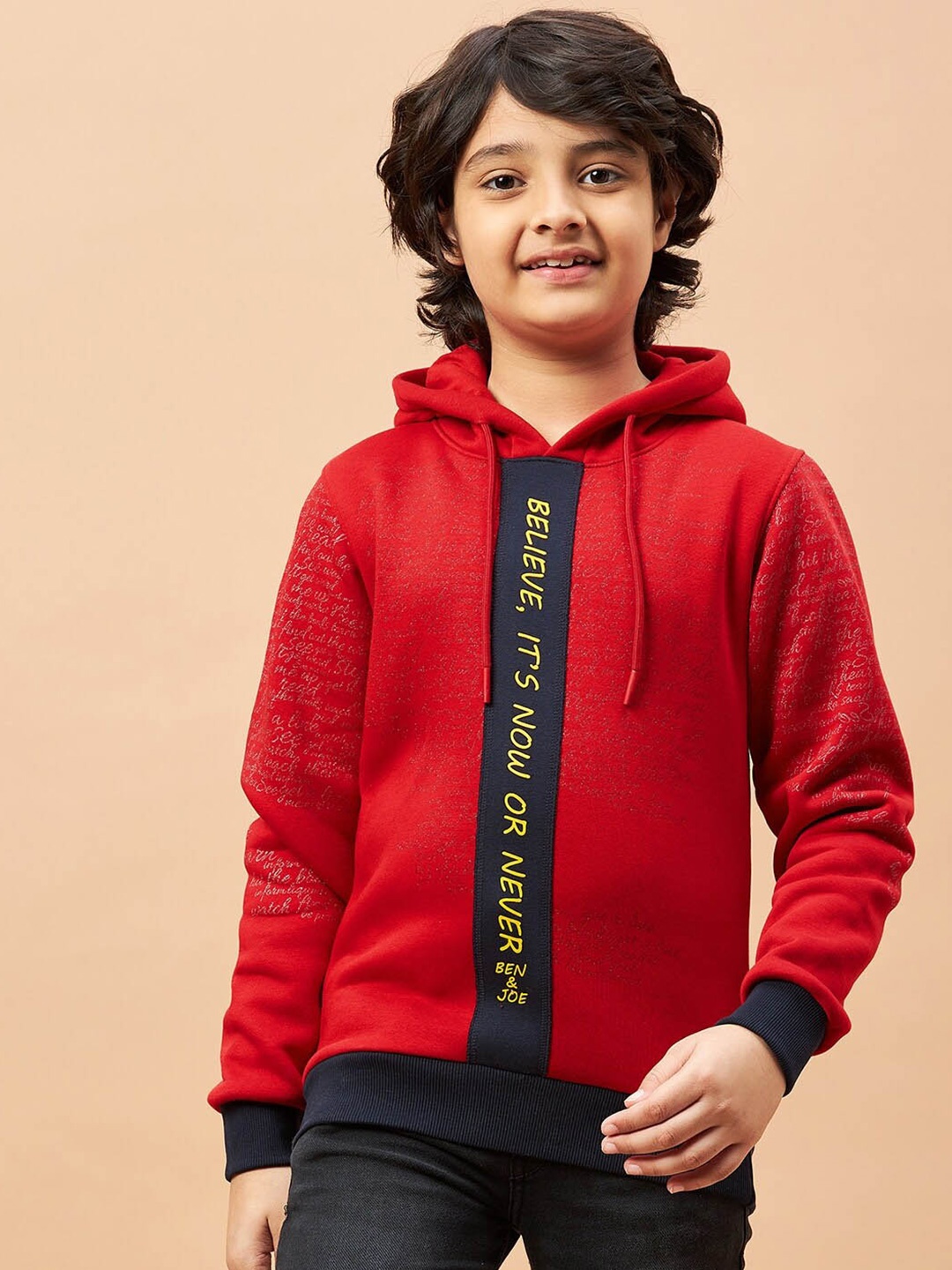 

Ben & Joe Boys Typography Printed Antimicrobial Hooded Fleece Sweatshirt, Red