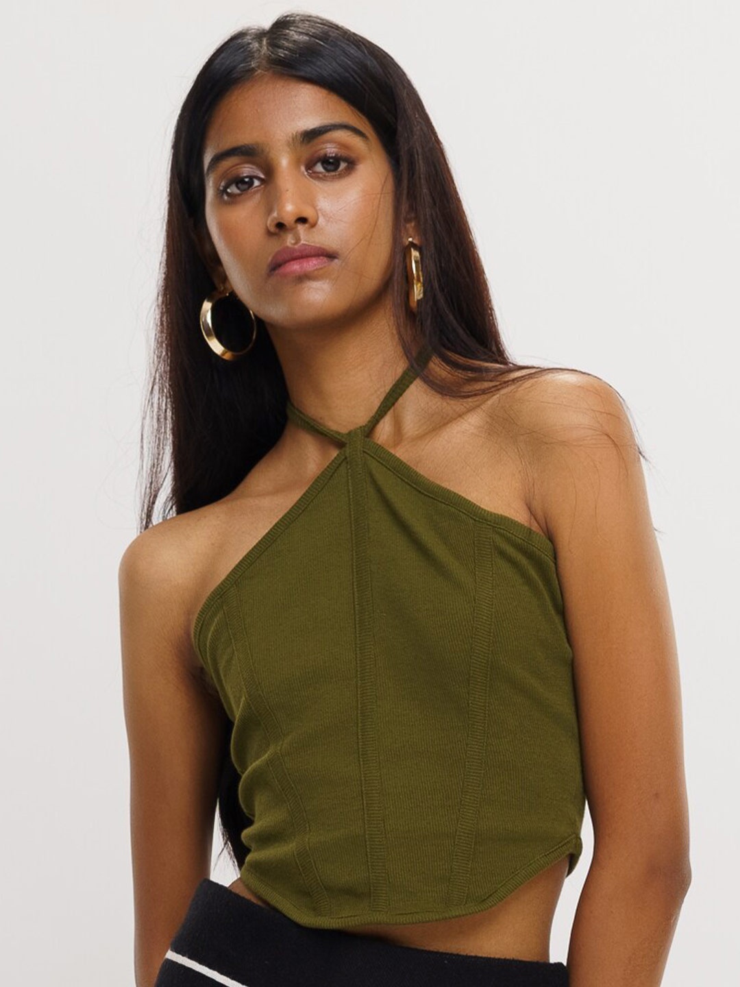

FREAKINS Halter Neck Ribbed Tie-Ups Detail Cotton Fitted Crop Top, Olive