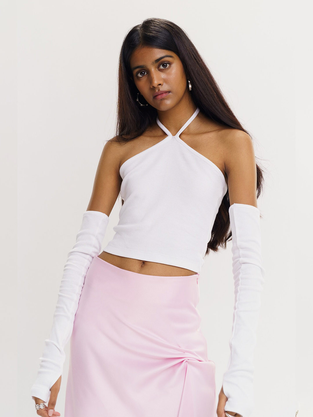 

FREAKINS Ribbed Halter Neck Crop Top, White