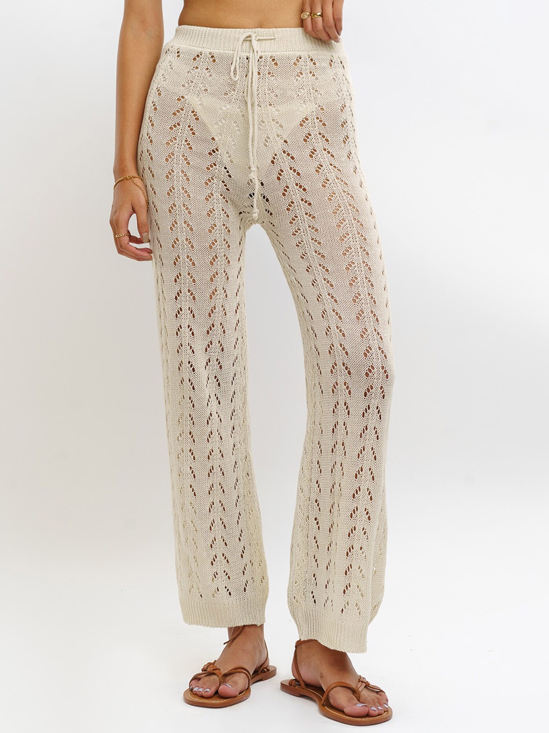 

FREAKINS Women Beige Striped Sheer Lace Ankle Length Trousers
