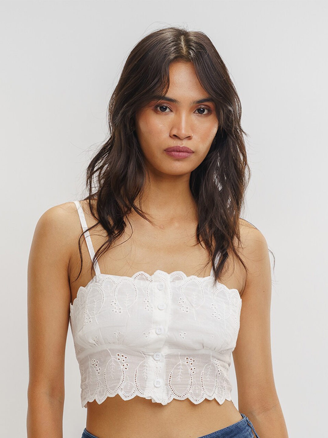 

FREAKINS Self Design Fitted Crop Top, White