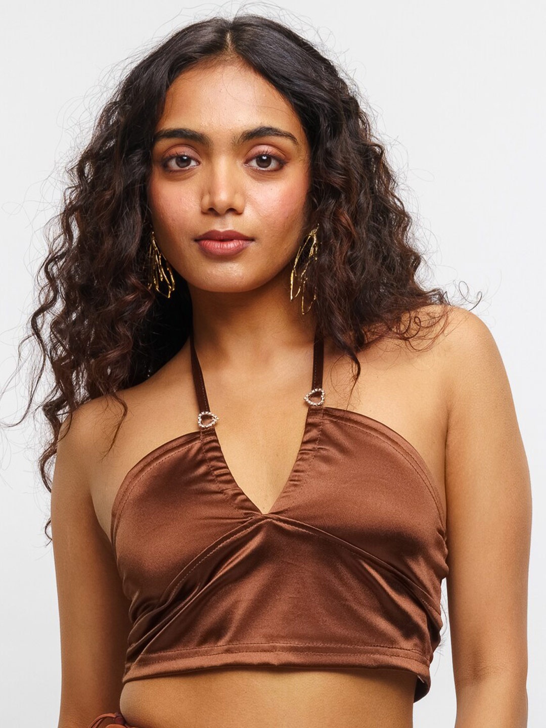 

FREAKINS Halter Neck Bralette Satin Crop Top, Brown