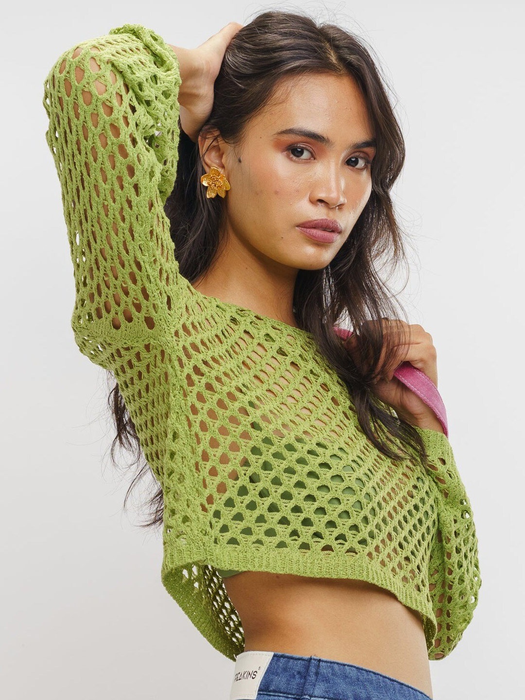 

FREAKINS Knitted Boat Neck Crop Top, Green