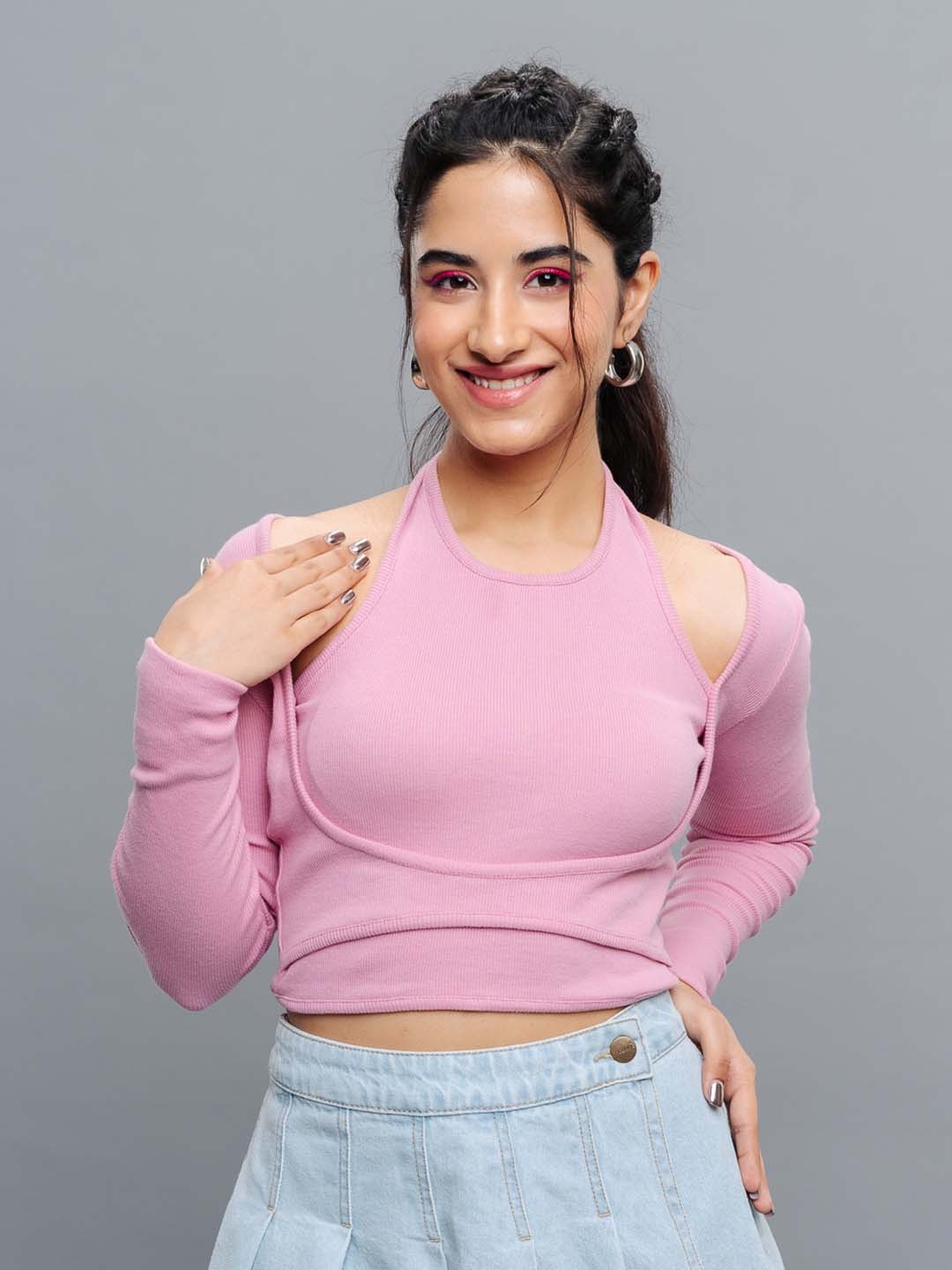 

FREAKINS Halter Neck Cold-Shoulder Sleeves Cotton Fitted Crop Top, Pink