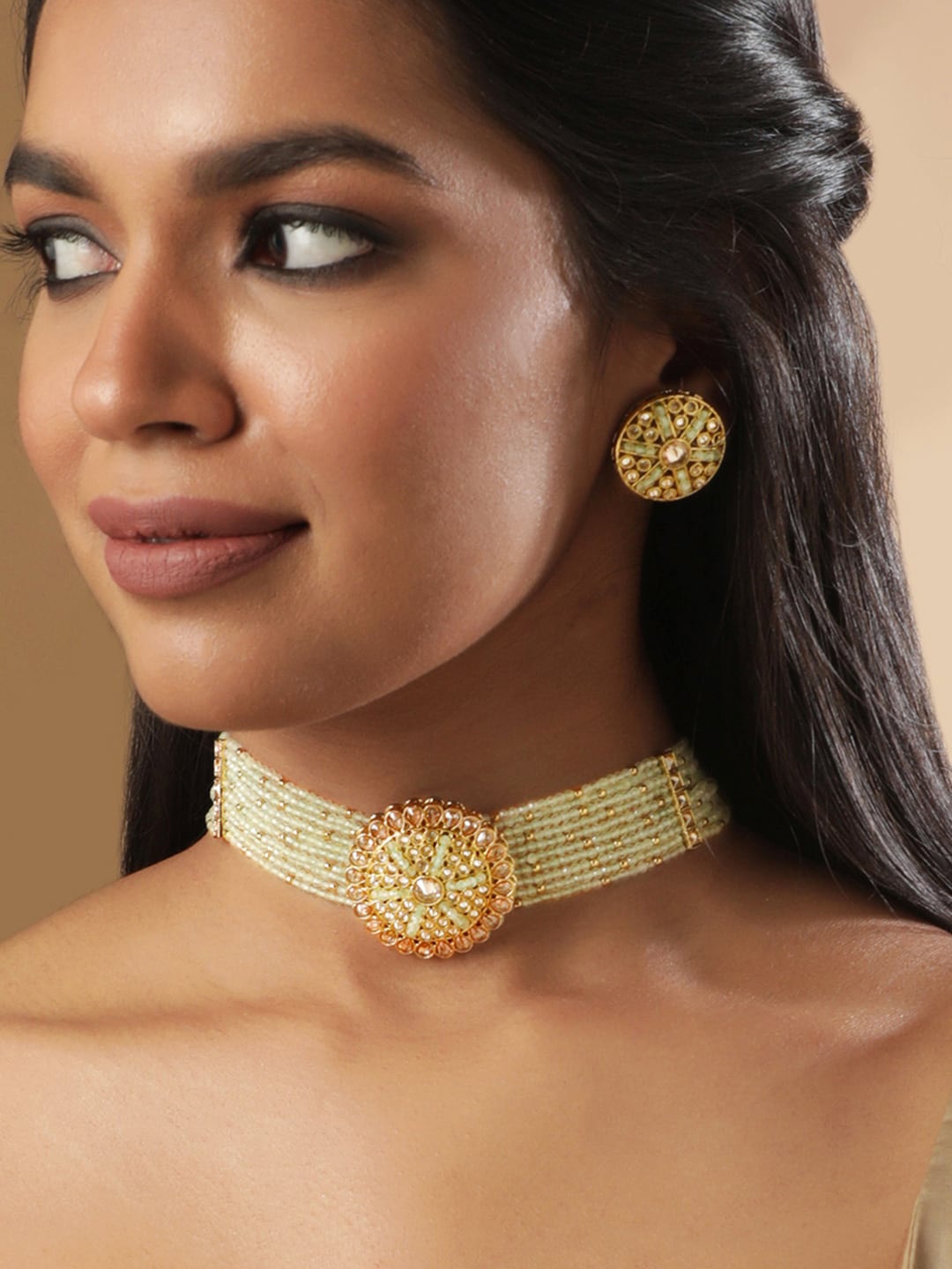 

Rubans 22K Gold Plated Kundan Studded & Mint Green Beaded Choker Necklace Set