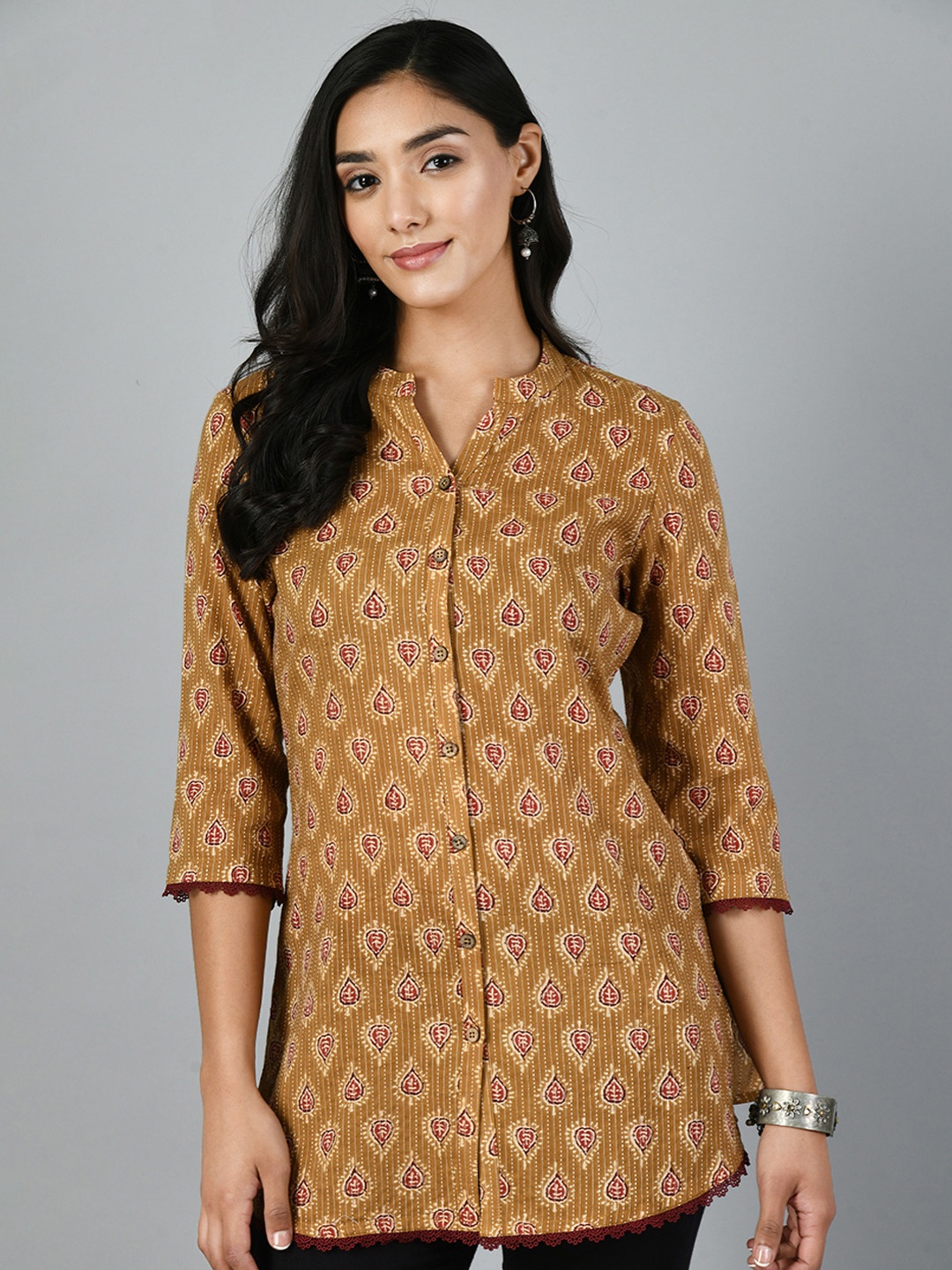 

MEESAN Printed Straight Kurti, Mustard