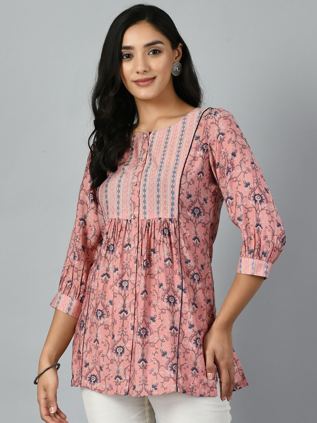 

MEESAN Floral Printed Pure Cotton Kurti, Pink