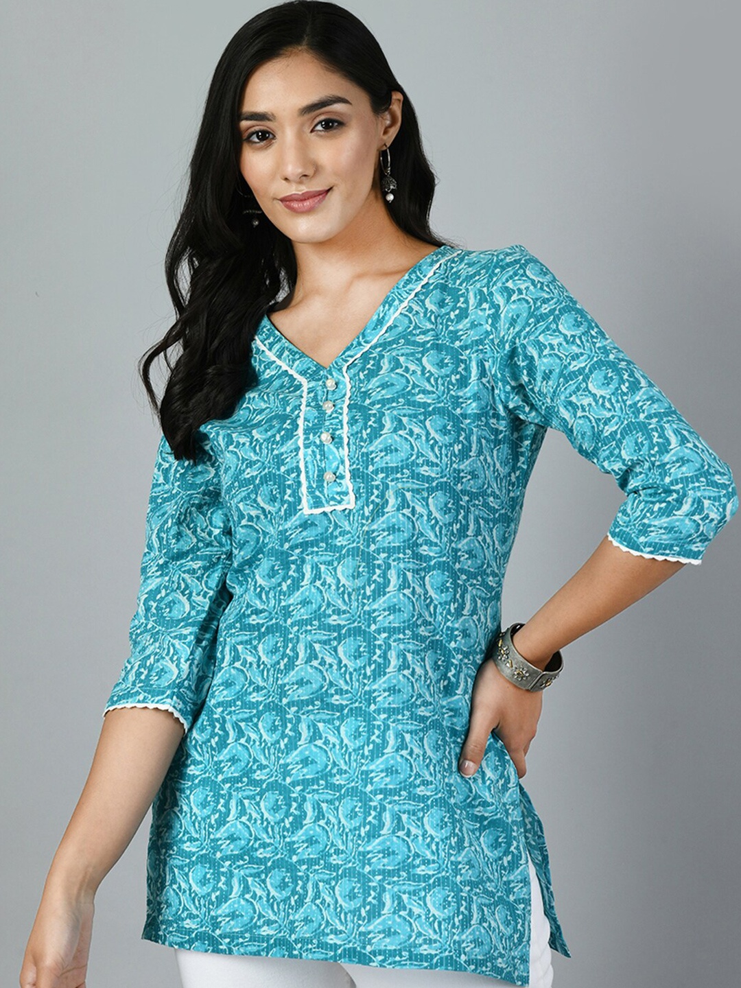 

MEESAN Floral Printed V-Neck Pure Cotton Kurti, Blue