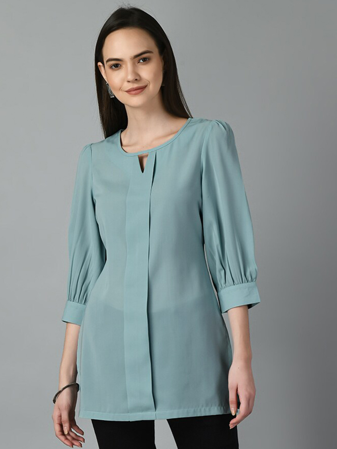 

MEESAN Keyhole Neck Puff Sleeve Tunic, Blue