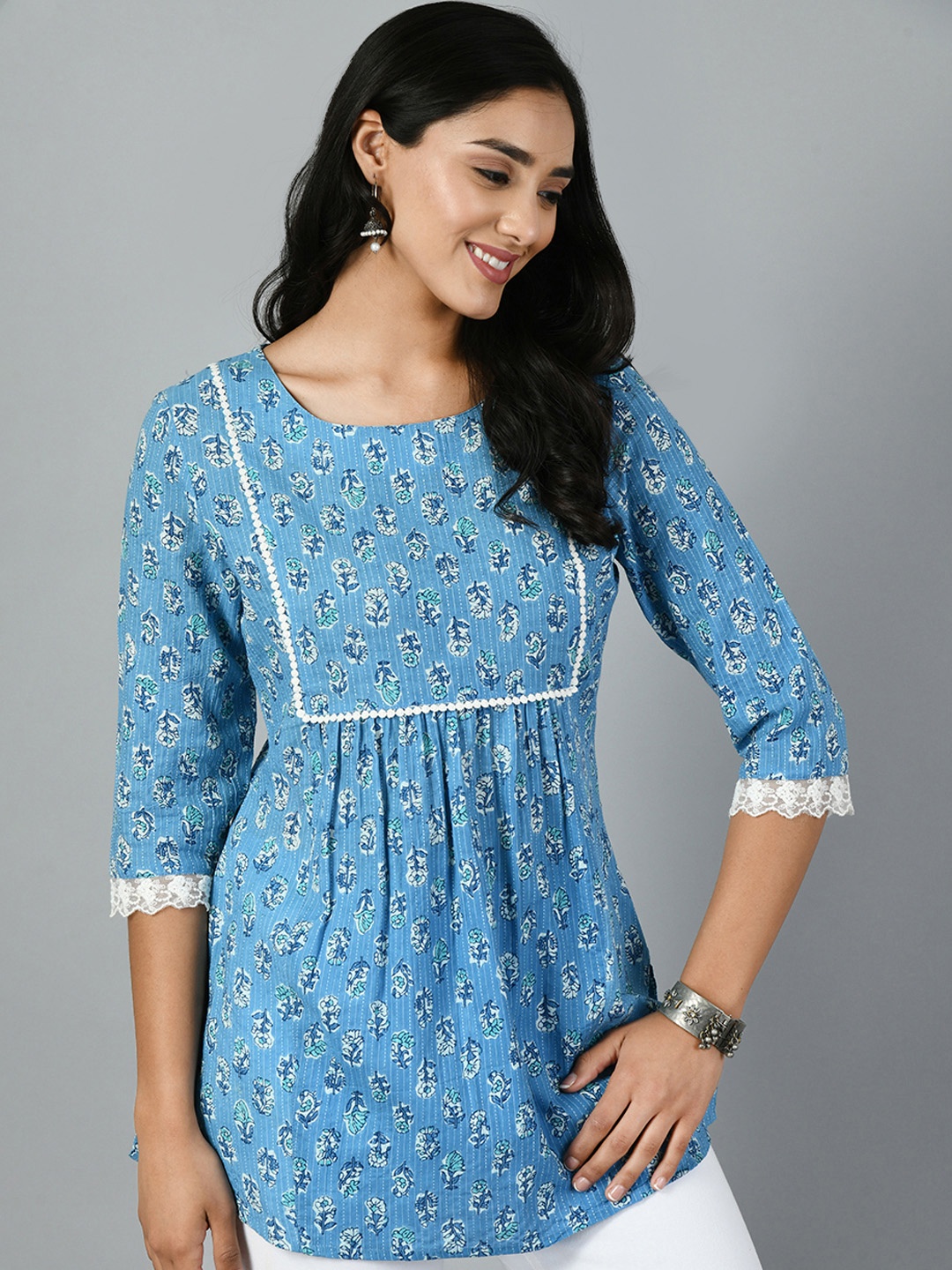 

MEESAN Printed Straight Kurti, Blue