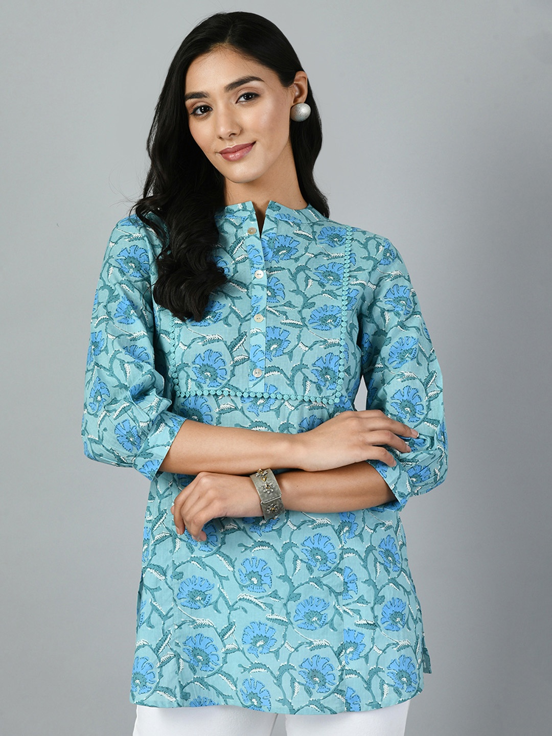 

MEESAN Printed Straight Kurti, Blue