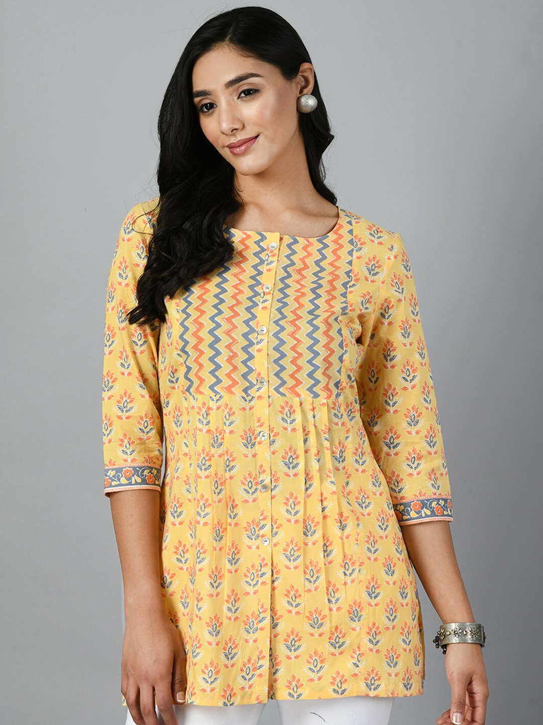 

MEESAN Ethnic Motifs Printed Pure Cotton Panelled Kurti, Yellow