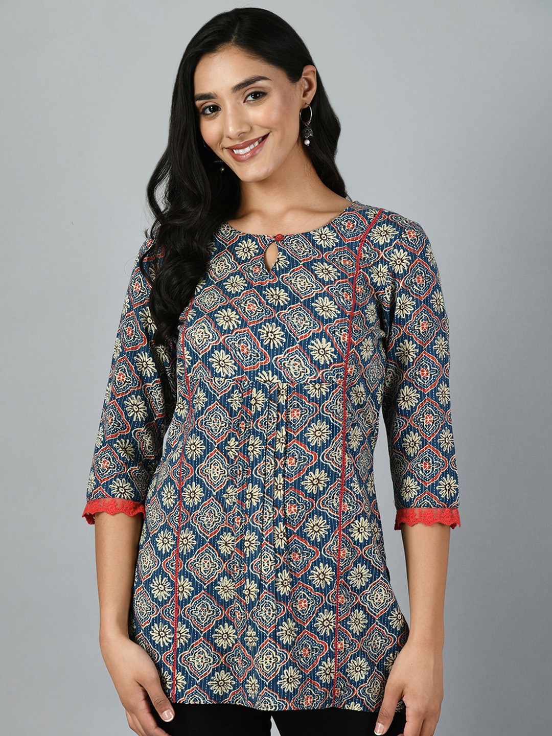 

MEESAN Printed Straight Kurti, Blue