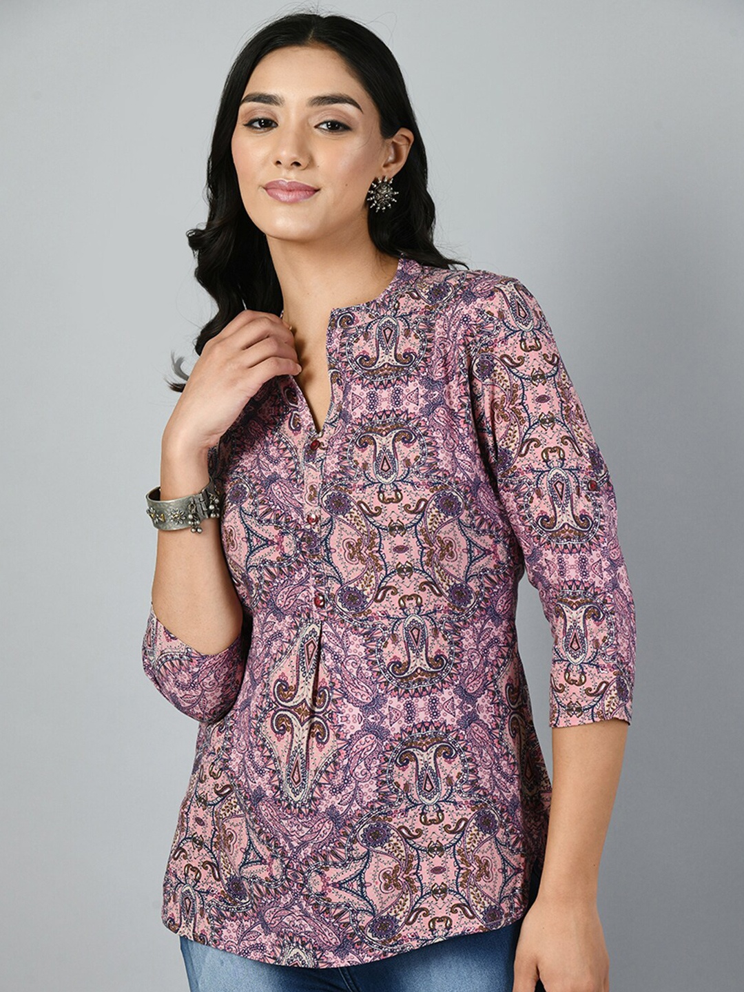 

MEESAN Ethnic Motifs Mandarin Collar Three-Quarter Sleeves Tunic, Mauve