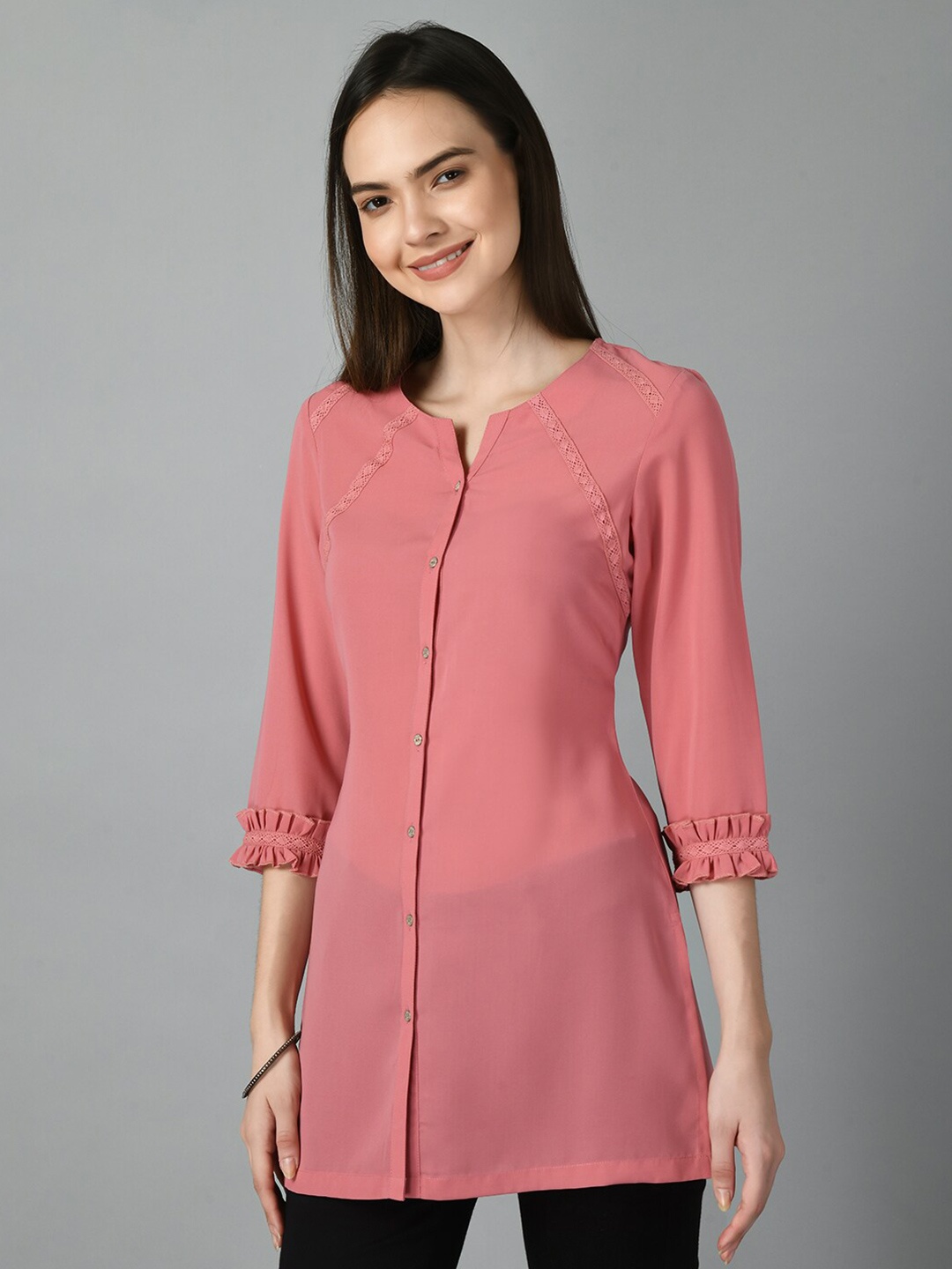 

MEESAN Round Neck Lace Inserts Tunic, Pink